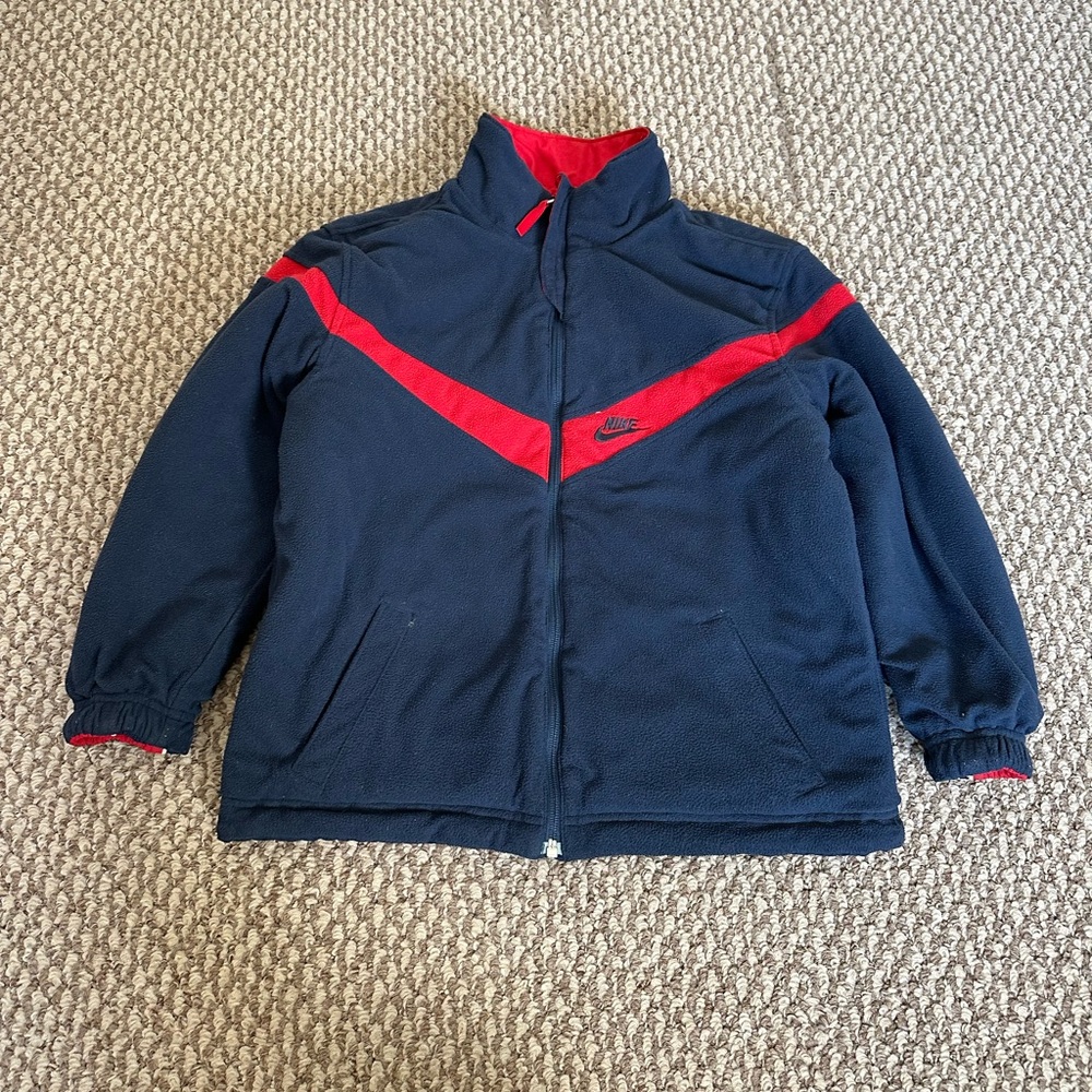 Vintage Y2K Nike Reversible Jacket Kids S(8) Red Navy Spellout Missing Hood - Picture 4 of 6
